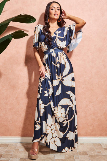 Leaf Print Flutter Sleeve Maxi Dress Goddiva